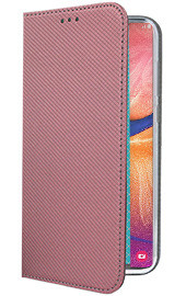 Кожен калъф тефтер и стойка Magnetic FLEXI Book Style за Samsung Galaxy A20e A202F златисто розов